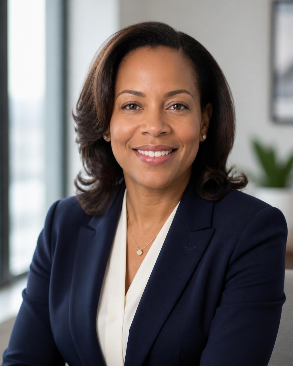 Portrait of Angela Rice, real estate broker and mortgage broker at DarMac Lending Services, wearing a navy blazer